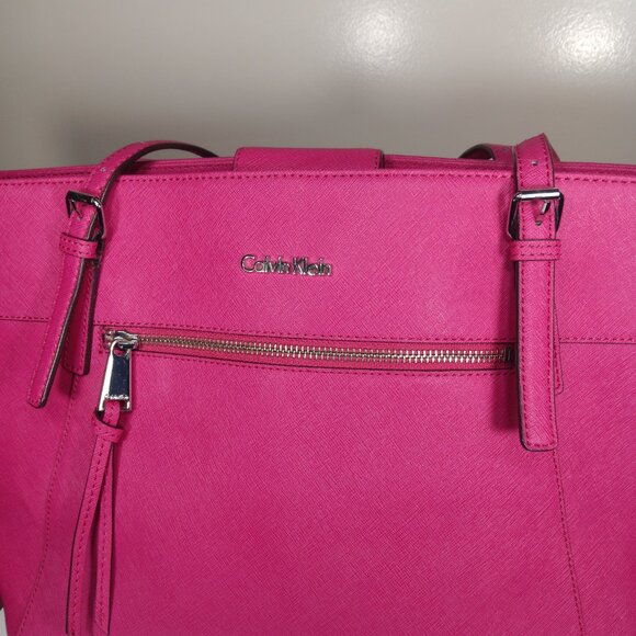 Calvin Klein Ash Tote Bag Faux Saffiano Leather Hot Pink Tote Bag Purse - Picture 3 of 11